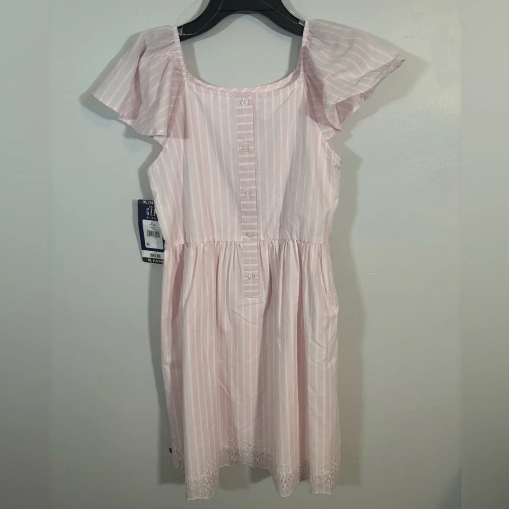 GAP Kids Pink Striped Woven Dress XL (14/16) Flutter Sleeves Eyelet Hem NWT